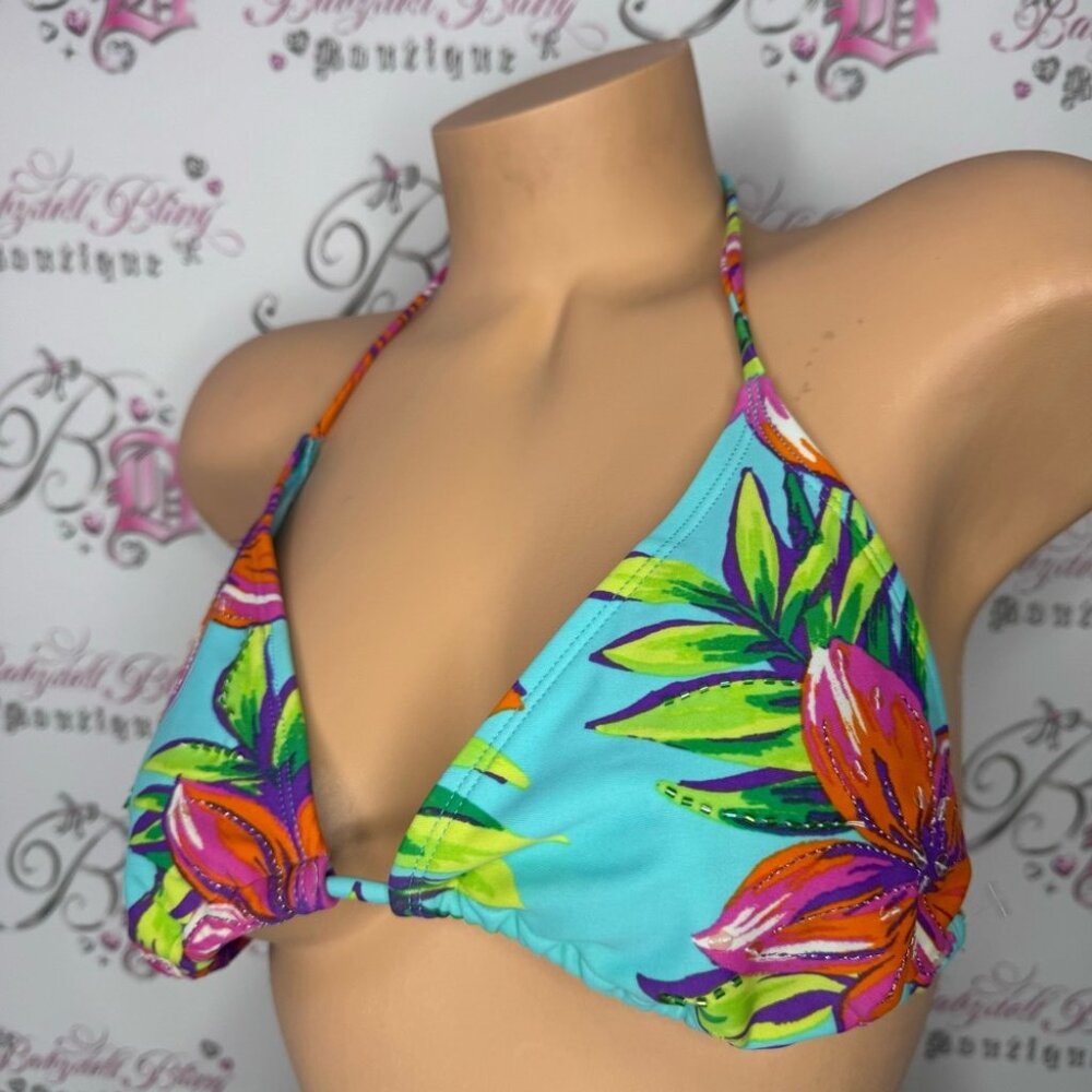 xhilaration bikini top beaded tropical neon flowers beach swimming tie up bright - Picture 8 of 9